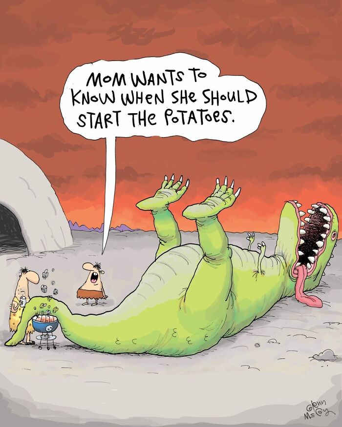 Cartoon dinosaur lying on its back with cave people cooking, a speech bubble saying mom wants to know when to start potatoes.