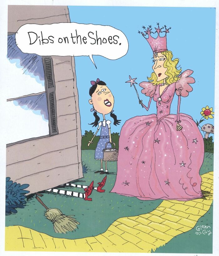 One-panel comic showing a girl claiming dibs on shoes next to a fairy-tale princess, capturing quirky human behavior.