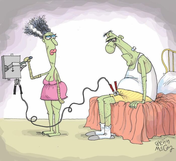 Funny one-panel comic by artist showing quirky human behavior with a woman using jumper cables on a tired man.