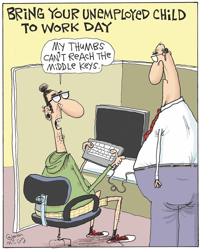 Cartoon of a funny one-panel comic showing quirky human behavior with a man holding a small keyboard at work.