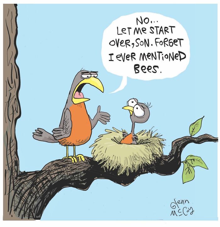 Cartoon artist creates funny one-panel comics showing quirky human behavior and animals in humorous situations.