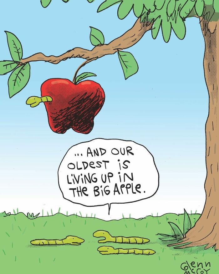 Funny one-panel comic showing worms talking about their oldest living in the Big Apple next to a tree with an apple.