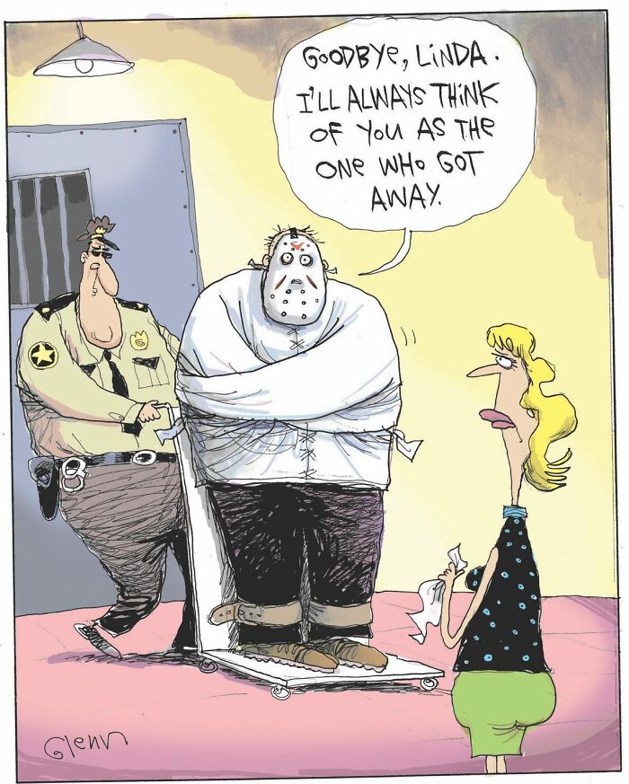 Cartoon artist creates funny one-panel comic showing a prisoner in a straightjacket and a woman saying goodbye.