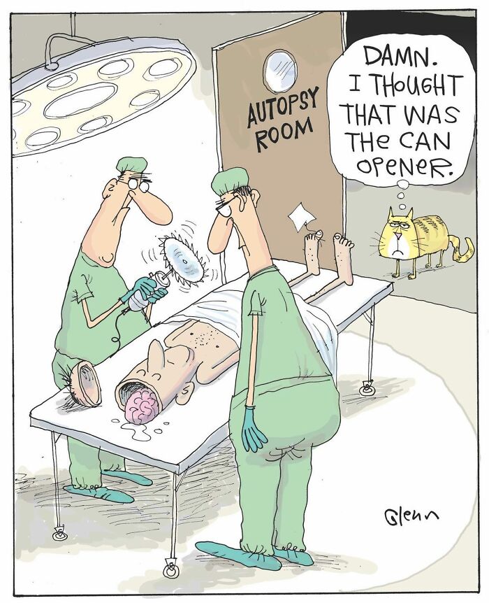 Humorous one-panel comic showing quirks of human behavior with surgeons and a confused cat in autopsy room.