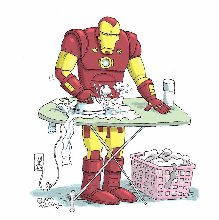 Iron Man ironing clothes humorously in a funny one-panel comic capturing human behavior quirks.