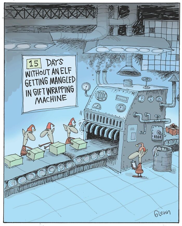 One-panel comic by artist showing elves working on a gift wrapping machine capturing quirky human and animal behavior.