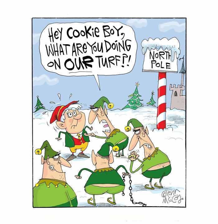 One-panel comic showing elves confronting a cookie boy at the North Pole, capturing funny quirks of human behavior.