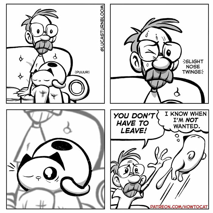 Black and white comic panels showing relatable cat behavior and owner reactions in a funny cat comic by the artist.