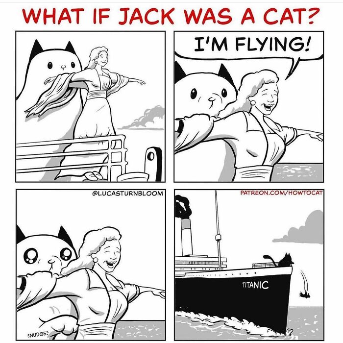 Comic showing a cat humorously reenacting Titanic’s flying scene in relatable cat comics by this artist.
