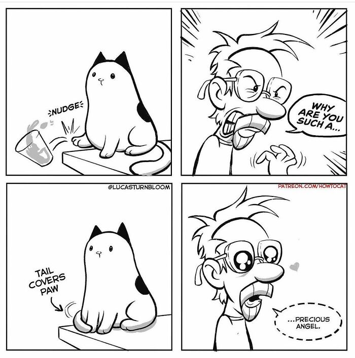 Black and white relatable cat comic showing a person reacting lovingly to their cat’s behavior and paw covered by tail.