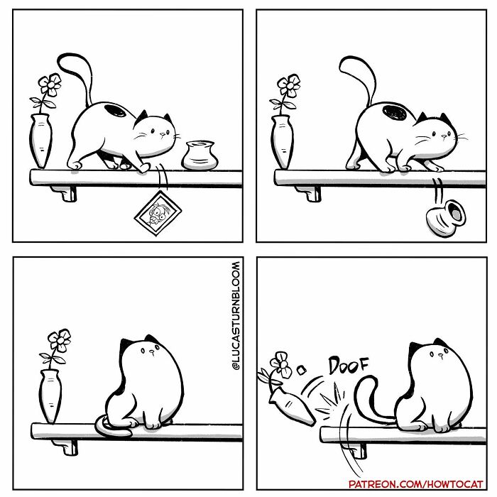 Black and white comic showing a cat knocking a vase and flower off a shelf in a relatable cat comic style.