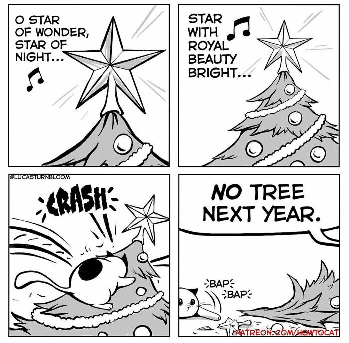 Black and white comic showing a cat crashing a decorated Christmas tree with relatable cat behavior humor.