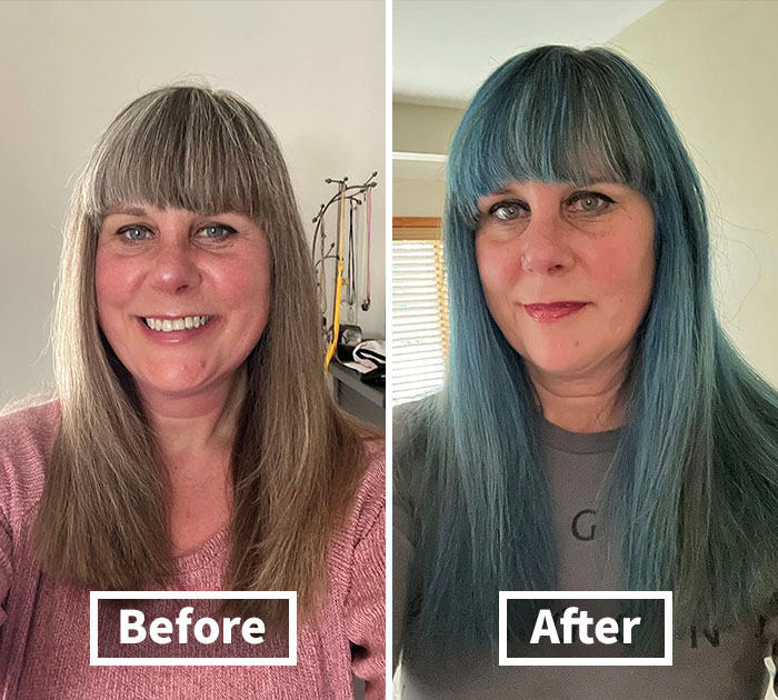 Woman showing before and after hair transformation with a focus on success and pursuing goals today for 2025 success.