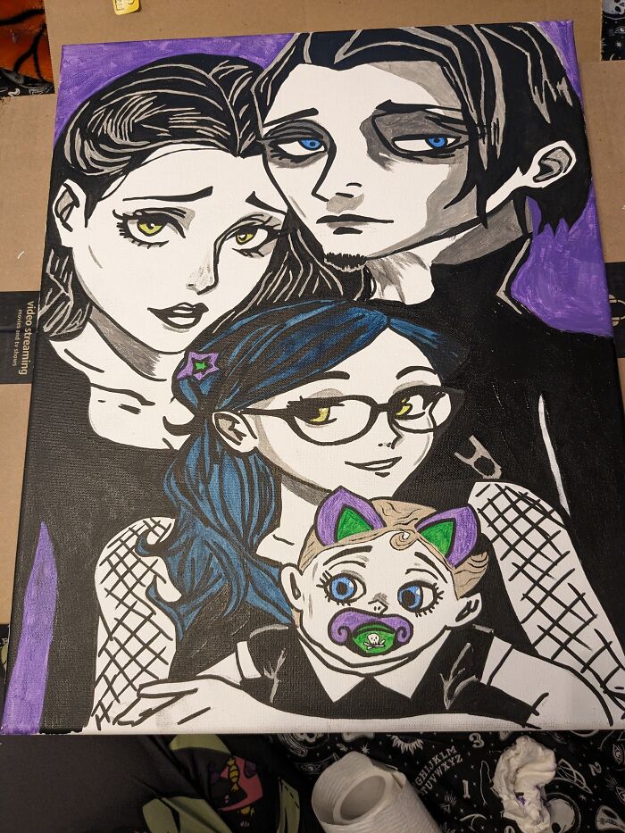 Couldn't Afford Much For Christmas So I Painted A Family Portrait For My Husband