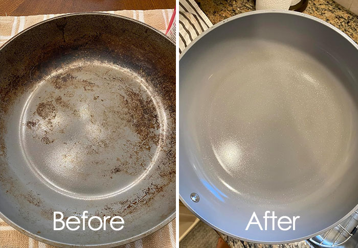 Before and after image of a pan cleaned as part of Operation Fresh Start, showcasing effective cleaning results.