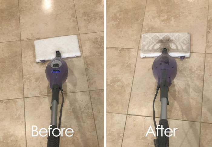 Before and after tile cleaning with a steam mop, illustrating effective operation of cleaning products.