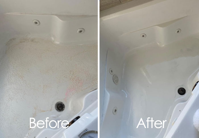 Before and after images showing a bathtub clean using Operation Fresh Start cleaning products.