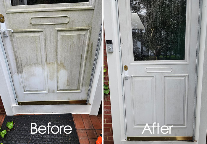 Before and after cleaning front door comparison showcasing effective products for your cleaning mission.