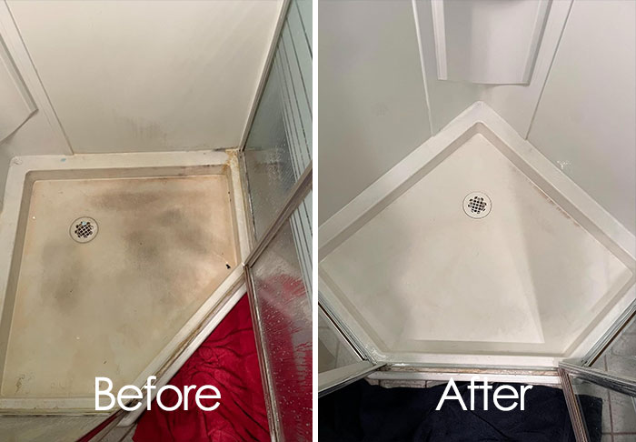 Before and after shower cleaning, showcasing results of Operation Fresh Start products.