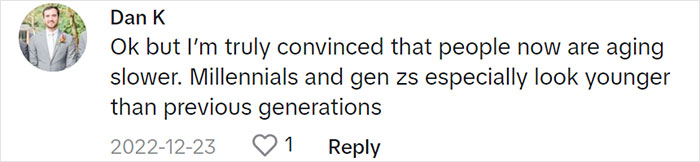 User comment on social media discussing generational aging, with reactions and a date stamp.