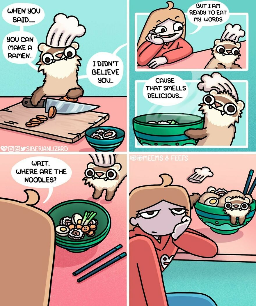 Siberian Artist Hilariously Illustrates Her Daily Life Routine With Her Two Ferrets (New Pics)