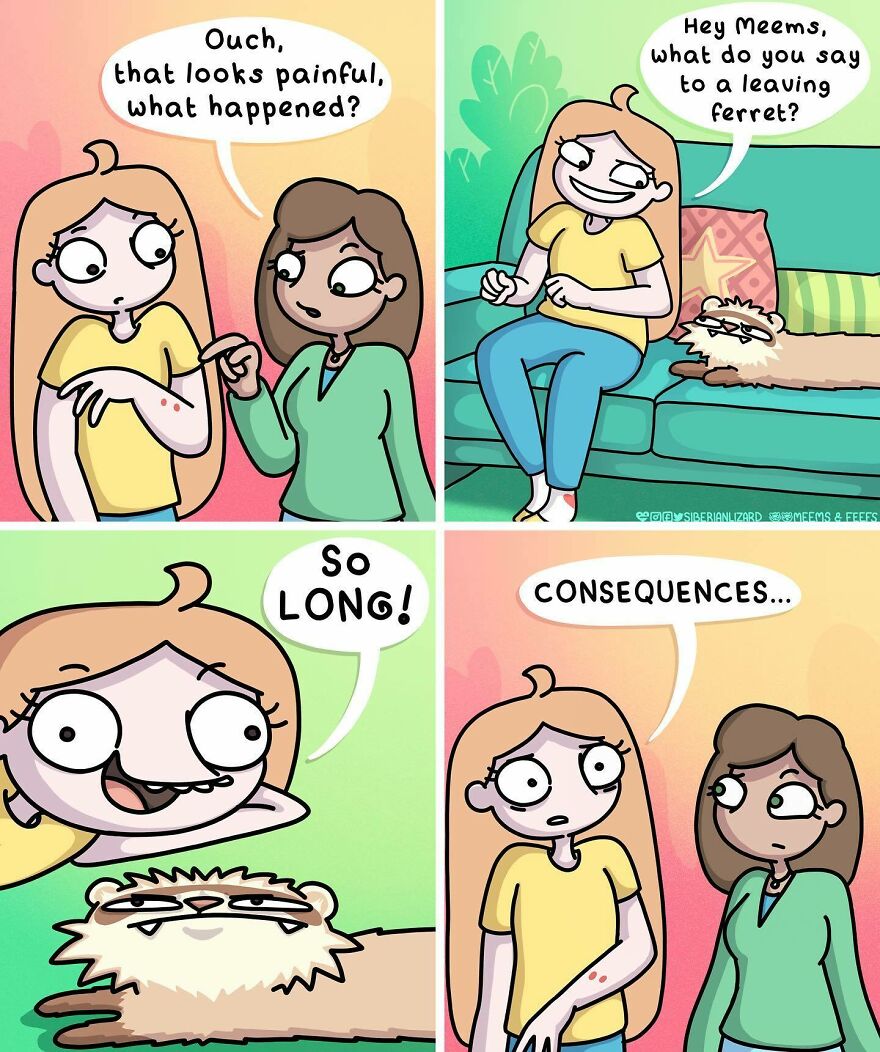 Siberian Artist Hilariously Illustrates Her Daily Life Routine With Her Two Ferrets (New Pics)