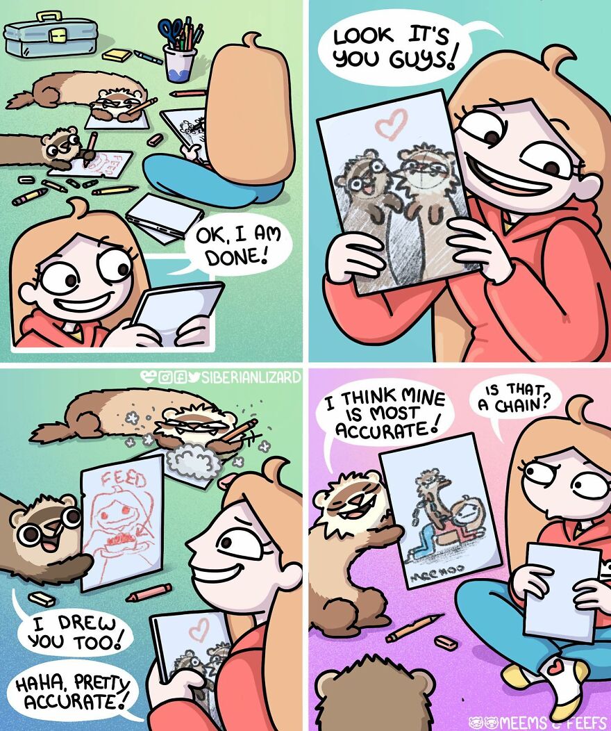Siberian Artist Hilariously Illustrates Her Daily Life Routine With Her Two Ferrets (New Pics)