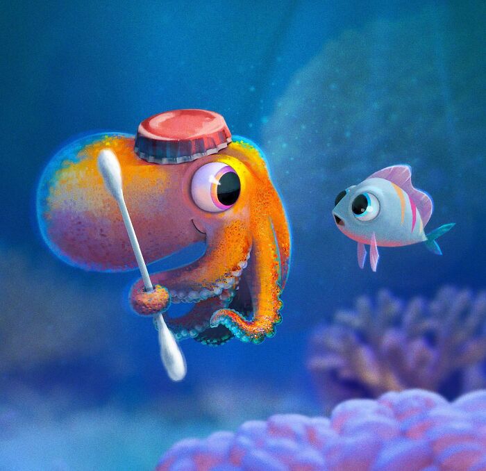 Illustration Of A Squid And A Fish