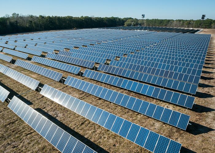 Large solar panel farm under blue sky, showcasing clean energy as proof our world isn’t a total nightmare.