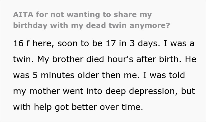17 Y.O. Is Done Sharing Her Birthday With Her Late Twin, Parents Are Not Having It