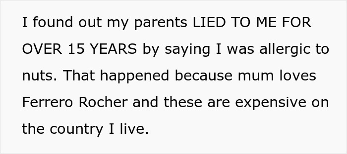 “I Feel Betrayed”: Woman Finds Out Her Parents Were Lying About Her Nut Allergy All Along “I Feel Betrayed”: Woman Finds Out Her Parents Were Lying About Her Nut Allergy All Along