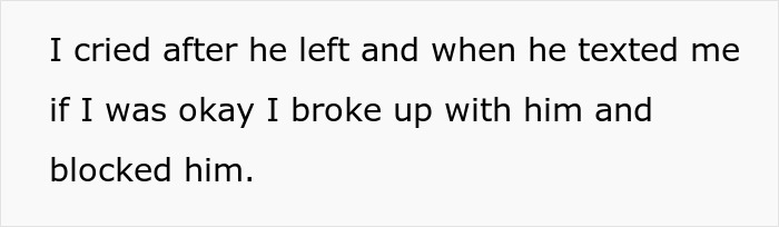 Text reading a woman describing breaking up with her boyfriend after an unthoughtful Christmas gift left her upset and blocked him.