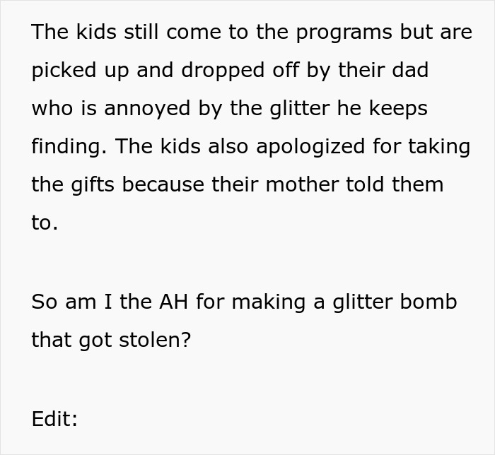 &ldquo;AITAH For Making A Glitter Bomb Gift That Was Stolen?&rdquo;