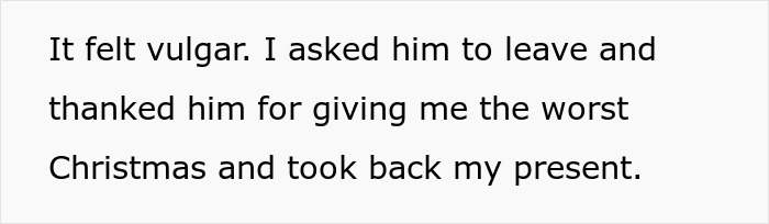 Text excerpt about a woman feeling offended by an unthoughtful Christmas gift from her boyfriend.