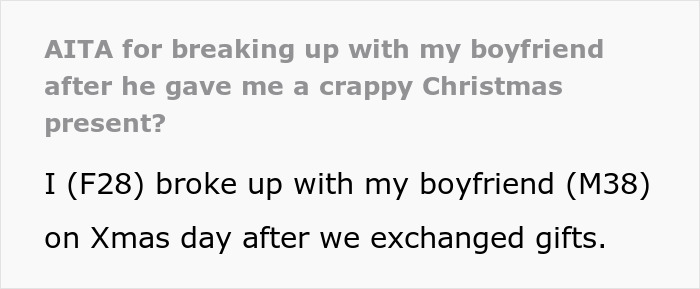 Text discussing a woman breaking up with her boyfriend on Christmas over an unthoughtful gift exchange.