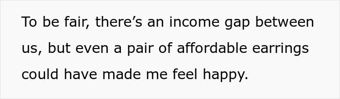Text excerpt from a story about a woman upset with her boyfriend&rsquo;s unthoughtful Christmas gift due to an income gap.