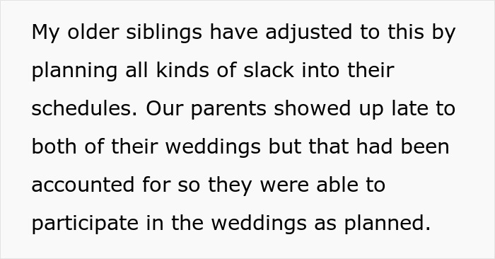 Person Starts Their Wedding On Time, It Offends Their 'Always Late' Parents Who Miss 3/4 Of It