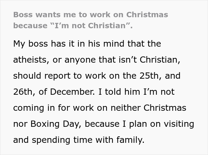 Boss Says That Christmas Time Off Is Only For Christians, Employee Replies &ldquo;I&rsquo;m Not Coming&rdquo;