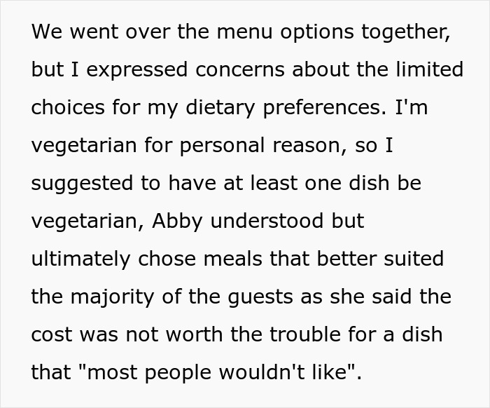 Bride Weeps At Reception As Her Vegetarian Friend Brought Her Own Food When She Wasn’t Catered For Bride Weeps At Reception As Her Vegetarian Friend Brought Her Own Food When She Wasn’t Catered For