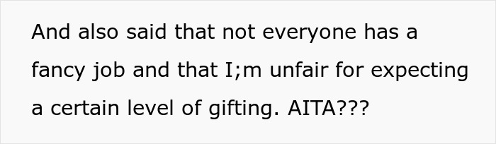 Text of a woman questioning if she is unfair for expecting a certain level of gifting from her boyfriend.