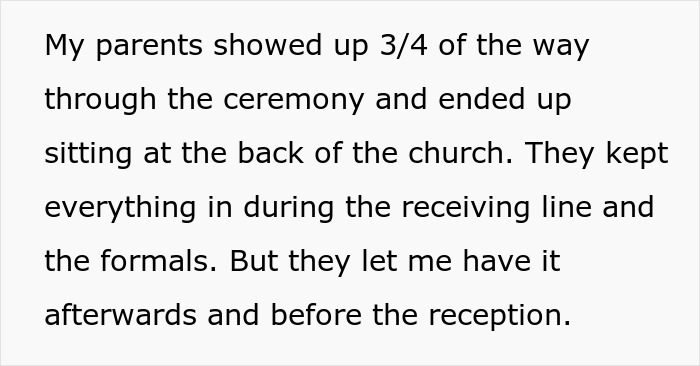 Person Starts Their Wedding On Time, It Offends Their 'Always Late' Parents Who Miss 3/4 Of It
