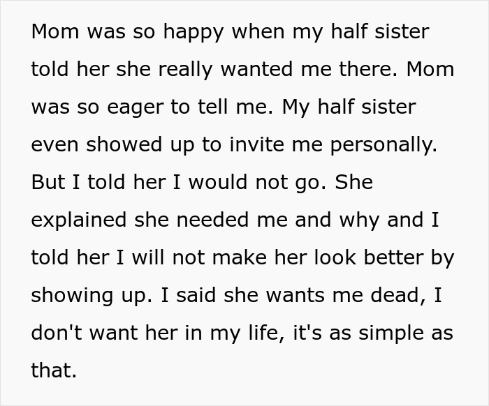 Half-Sister Who’d Rather Pretend Her Sibling Doesn’t Exist Requests She Attend Her Wedding Half-Sister Who’d Rather Pretend Her Sibling Doesn’t Exist Requests She Attend Her Wedding