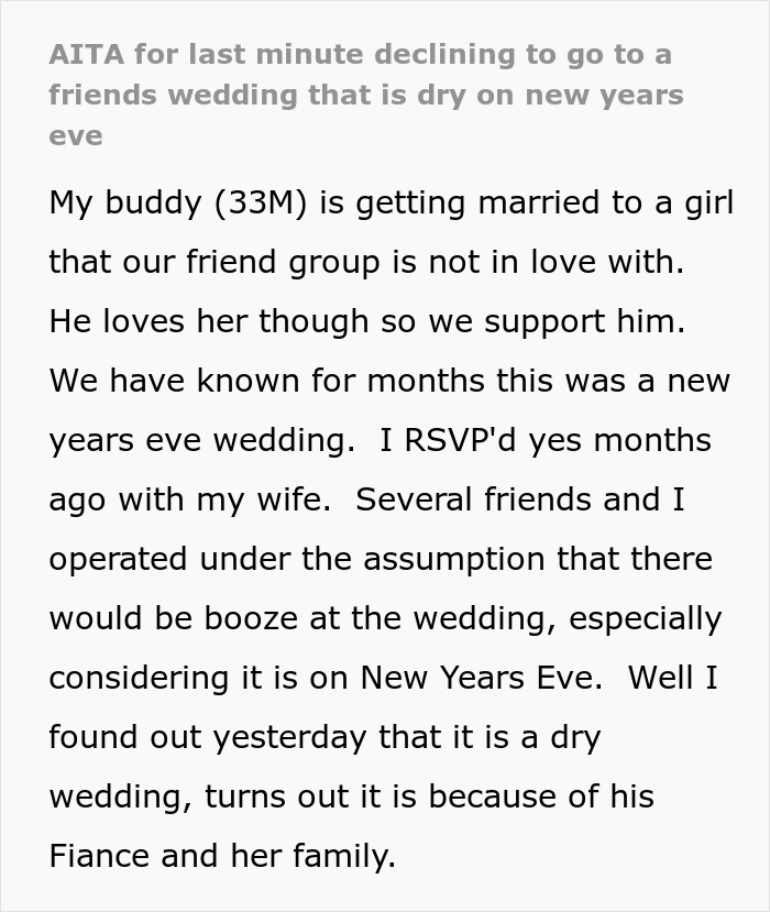 &ldquo;Am I The Jerk For Last Minute Declining To Go To A Friend&rsquo;s Dry Wedding On New Year&rsquo;s Eve?&rdquo;