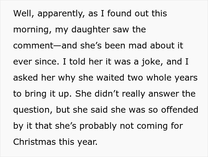 Daughter Decides To Skip Christmas Over Joke Her Mom Made 2 Years Ago, Mom Asks For Advice Daughter Decides To Skip Christmas Over Joke Her Mom Made 2 Years Ago, Mom Asks For Advice