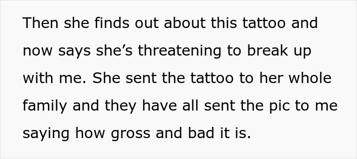 Text about a problematic tattoo causing relationship issues and negative reactions from a family. Text about a problematic tattoo causing relationship issues and negative reactions from a family.