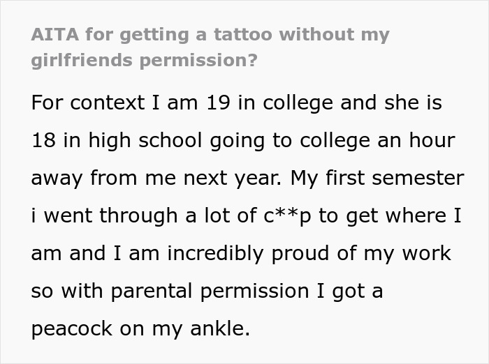 Guy sharing his dilemma about getting a tattoo without his girlfriend's permission. Guy sharing his dilemma about getting a tattoo without his girlfriend's permission.