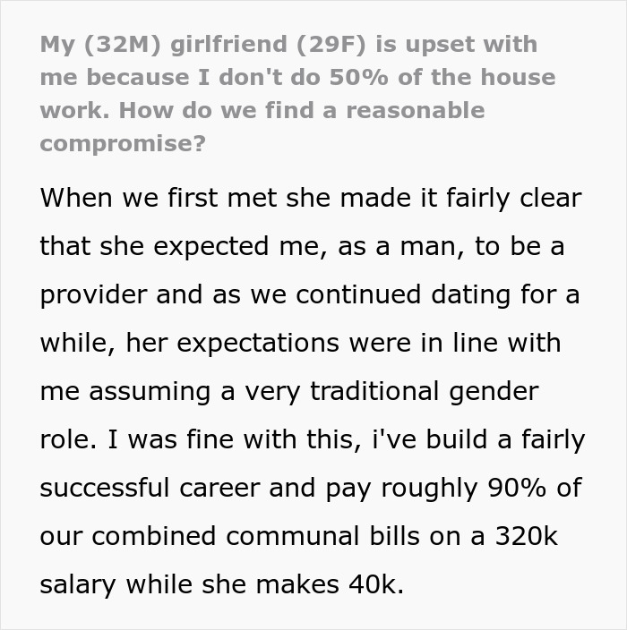 Man Balancing Long Hours and Bills Faces GF's "Equal" Chores Request, Turns To Internet For Advice Man Balancing Long Hours and Bills Faces GF's "Equal" Chores Request, Turns To Internet For Advice