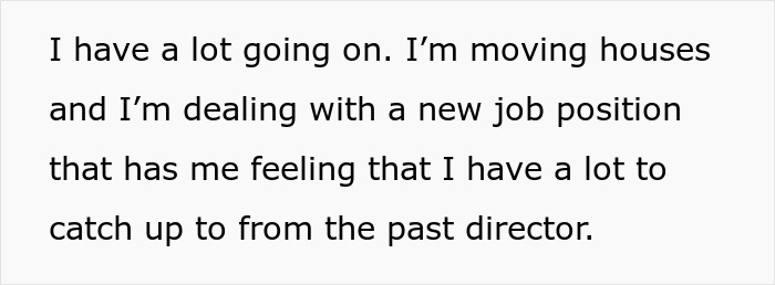 Text about moving houses and dealing with a new job position while catching up with past director's work challenges.
