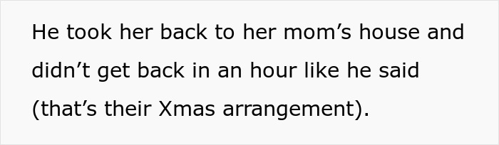 Text about a woman dumping her boyfriend on Christmas due to an unthoughtful gift and their holiday arrangement.