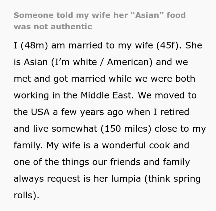 Cousin Keeps Criticizing Man&rsquo;s Wife&rsquo;s Asian Food For Not Being 'Authentic' Enough, Gets Humbled